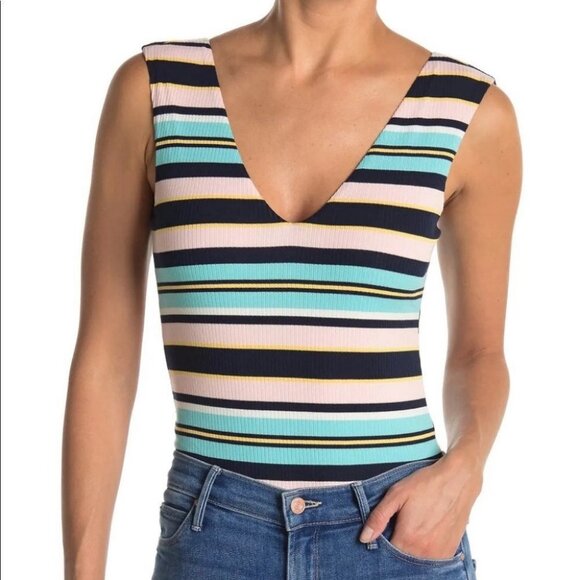 NEW Nordstrom AFRM Striped Bodysuit Double V Light Pastel Pink Blue Retro Medium - Picture 2 of 16
